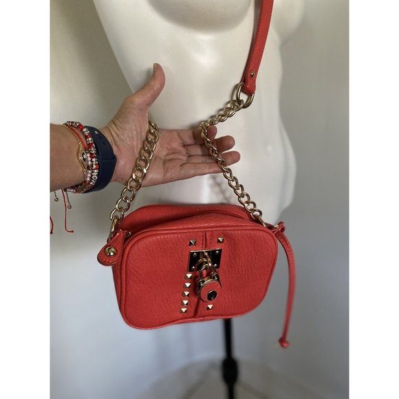 Vtg Crossbody Bag Orange Purse Partial Chain Strap Small Locket Studs Accents - Picture 2 of 16
